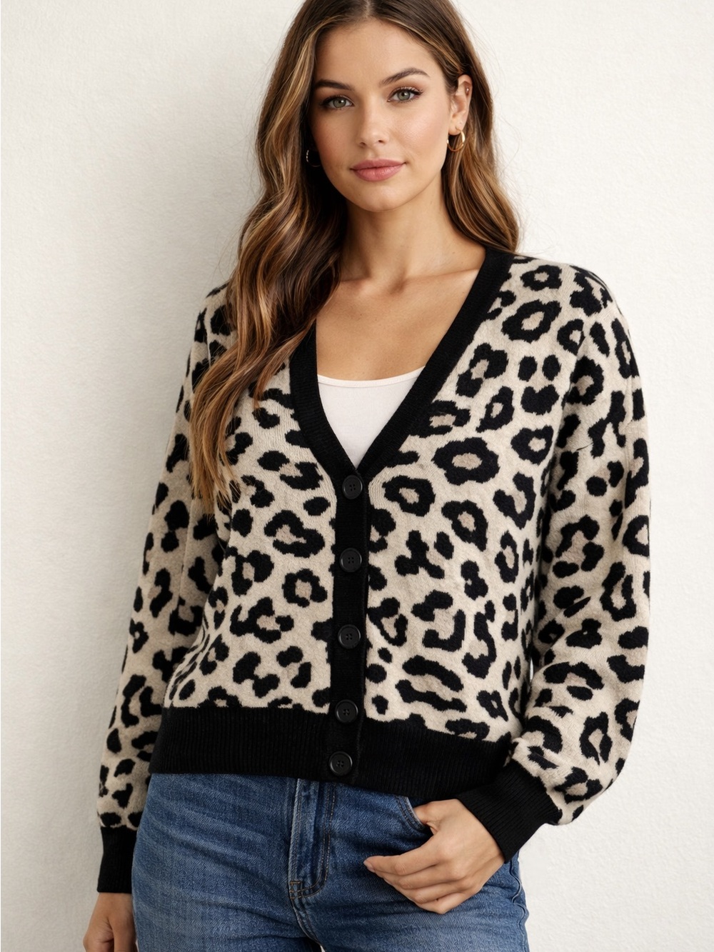 NWT Vince Camuto Leopard Print V-Neck Button Cardigan Sweater - Black & Cream XS
